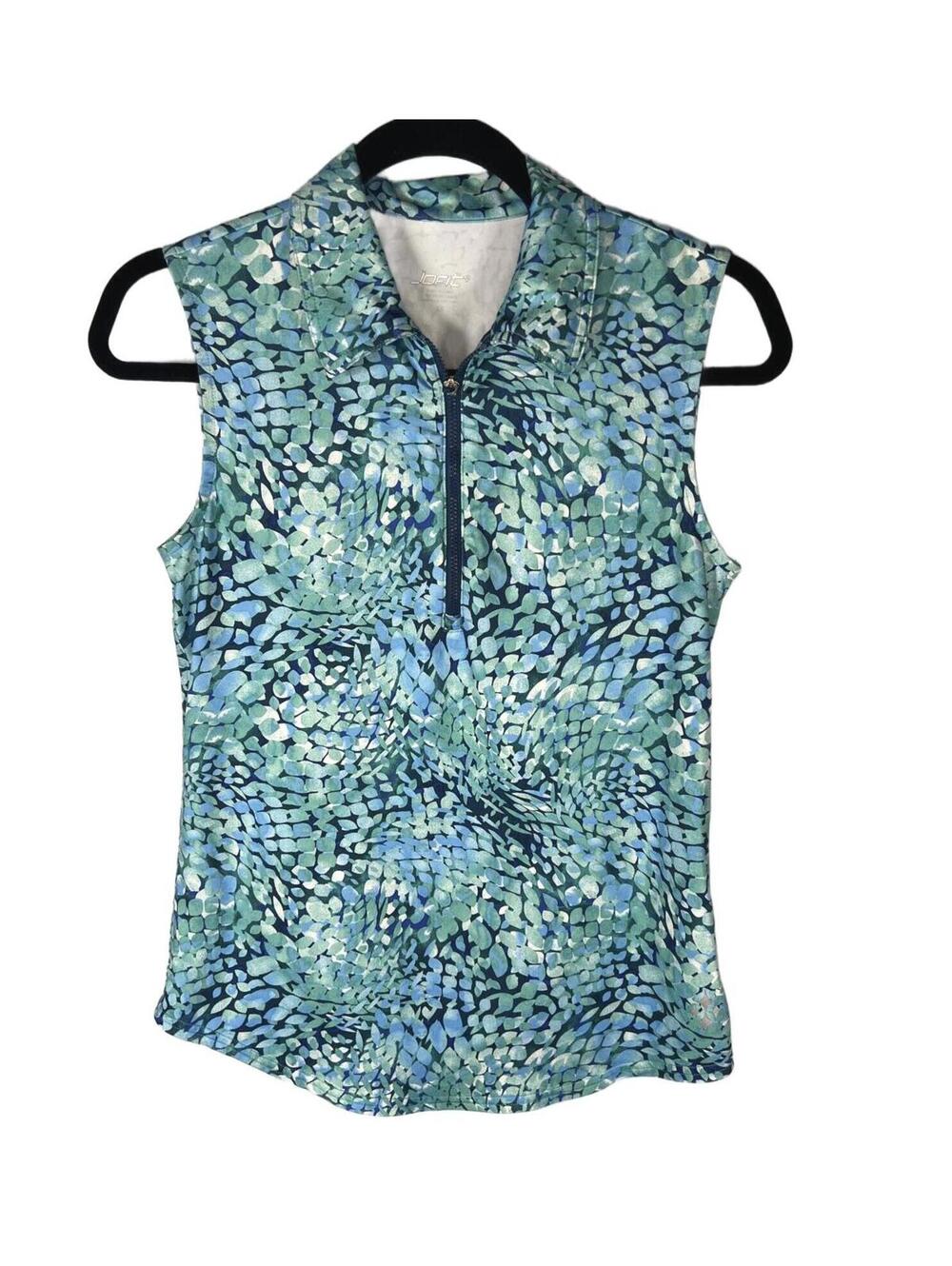 Jofit Sleeveless Golf Polo XS Blue Green Abstract Mosaic Printed Zip Golfcore